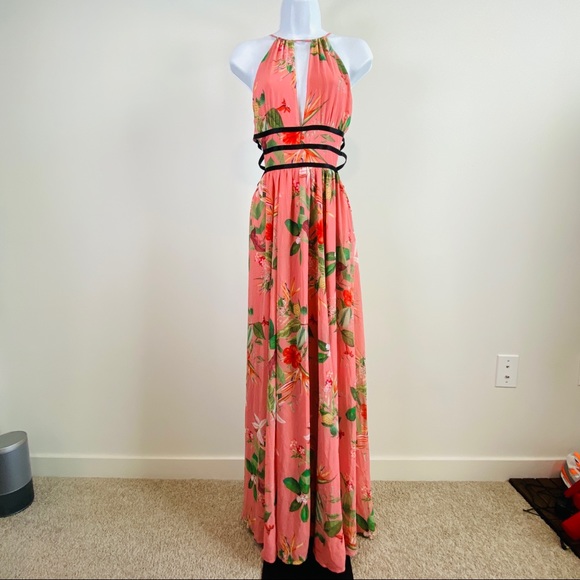 Beautiful Pink Tropical Floral Print Cut-Out Maxi Dress Size S - Picture 4 of 7